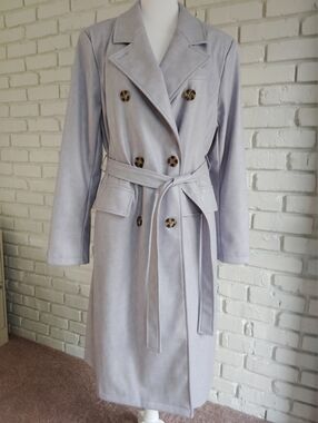 7 For All Mankind Faux Leather Lavender Double-Breasted Trench Coat, sz L